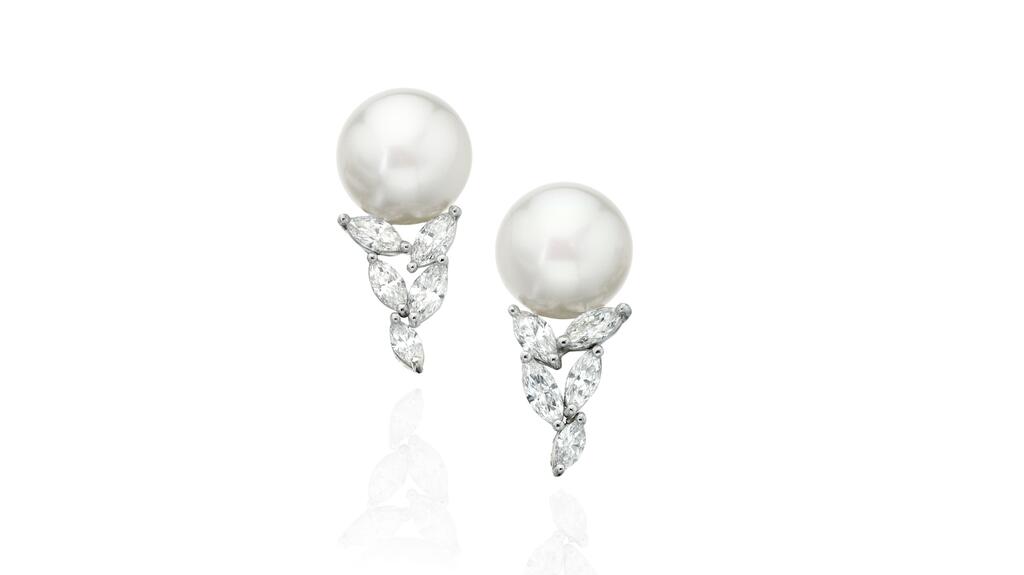 What’s trending in terms of wedding-day jewelry? Panelists on a recent National Jeweler webinar on engagement ring trends said diamonds and pearls. Assael’s “La Feuille” earrings ($11,900) with South Sea cultured pearls and 1.22 carats of marquise-cut diamonds have both. 20220216_Assael pearl and diamond earrings.jpg